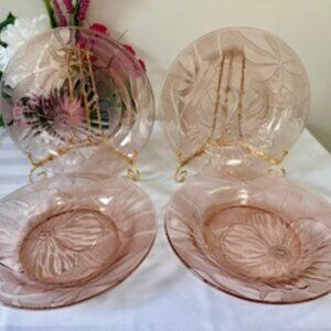 Vintage Pink KIG Indonesia Glass Bowl 4 Embossed Floral Salad Bowl Dinner Plates